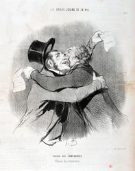 Kunstværk af Honore Daumier (1808-1879). Charivari stammer fra 1845: Serie LES BEAUX DAYS DE LA VIE. Fusion af virksomheder - Udfald af aktionærer. KUNSTMUSEET - PALACE LONGCHAMP, MARSEILLE