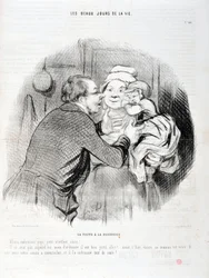 Kunstværk af Honore Daumier (1808-1879). Charivari stammer fra 1848: Serie Les beaux jours de la vie. Besøget hos sygeplejersken - Lad os kysse far lille barn skat - Han vil ikke i dag, men normalt...”” KUNSTMUSEET - PALACE LONGCHAMP, MARSEILLE