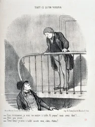 Kunstværk af Honore Daumier (1808-1879). Charivari er fra 1853: Serie ALLE HVAD DU VIL VIL "Du må undskylde mig, jeg sætter mig ved bordet. Om det! Har du spist? - Nej, ikke endnu. "Nå, nå, nå, jeg sidder ved bordet før dig" MUSEE DES BEAUTS ARTS - PALAIS 