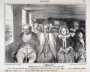 Kunstværk af Honore Daumier (1808-1879) Charivari stammer fra 1855: Serie Actualites de voyage en railroad “” -Her er mere end otte dage, at det ikke er sket en ulykke på denne linje... det kan ikke vare længe sådan. .. Jeg er ked af at have taget dette to