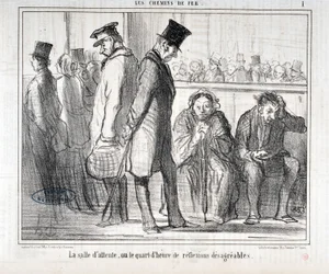 Kunstværk af Honore Daumier (1808-1879). Charivari stammer fra 1855: Serie LES Chemins de fer "" Venteværelset eller kvarteret med ubehagelige refleksioner""" MUSEE DES BEAUX ARTS - PALAIS LONGCHAMP, MARSEILLE