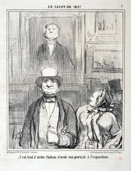 Kunstværk af Honore Daumier (1808-1879). Charivari stammer fra 1857: Serie SALON DE 1857 “” - Det er stadig smigrende at have hans portræt på udstillingen”” MUSEE DES BEAUX ARTS - PALAIS LONGCHAMP, MARSEILLE