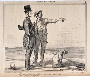 Kunstværk af Honore Daumier (1808-1879) Charivari stammer fra 1857: Serie sketches de chasseur “” Hold... Jeg så en havn, der havde ved... - Er det så lang tid?...”” MUSEUM OF FINE ARTS - PALACE LONGCHAMP, MARSEILLE