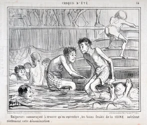 Værk af Honoré Daumier (1808-1879) fra Charivari, dateret 1858: serien "Sommerskitser": "Badende begynder at mene, at de kolde bade i Seinen i september fortjener denne betegnelse." Musée des Beaux-Arts - Palais Longchamp, Marseille