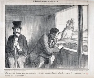 Kunstværk af Honore Daumier (1808-1879) Charivari stammer fra 1858: Serie EMOTIONS EN Chemin de fer - "Her... min kone med en gentleman... og vi går på fuld damp!... ingen måde at overraske dem!!...” KUNSTMUSEET - PALACE LONGCHAMP, MARTS