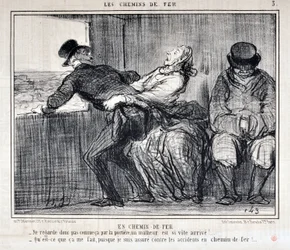 Kunstværk af Honore Daumier (1808-1879). Charivari stammer fra 1858: Serie LES RAILWAYS By Railroad “” -Så se ikke sådan ud ad døren, en ulykke kommer så hurtigt!... “Hvad gør det mig, siden jeg er forsikret mod ulykker på railwa
