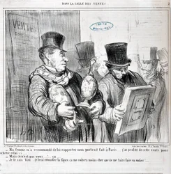 Kunstværk af Honore Daumier (1808-1879). Charivari er fra 1859: Serie IN THE SALE "- Min kone anbefalede mig at bringe hende mit portræt lavet i Paris... Jeg benyttede mig af dette udsalg til at købe dette... -Men det er ikke dig... ca... - Jeg ved det, je