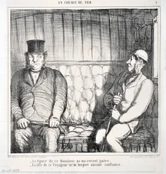 Kunstværk af Honore Daumier (1808-1879). Charivari stammer fra 1864: Serie LES CHAINS DE RAILWAY “” - Figuren af denne herre kommer ikke tilbage til mig. - denne rejsendes hoved indgyder mig ingen tillid””” MUSEE DES BEAUX ARTS - PALAIS LONGCHAMP, MARSE
