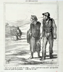 Kunstværk af Honore Daumier (1808-1879). Charivari stammer fra 1864: Serie LES LANDSAGISTS "" - I denne, der er en sjov krop... tegner et portræt af et træ, der ikke kun producerer æbler... han er vild med!..." KUNSTMUSEET - PALACE LONGCHAMP,