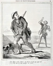 Kunstværk af Honore Daumier (1808-1879) Charivari er fra 1864: Serie Sketch de Chasse "Ou va donc? Haren er ikke færdig der! - Hvis den jeg skal spise i civet" MUSEE DES BEAUX ARTS - PALAIS LONGCHAMP, MARSEILLE