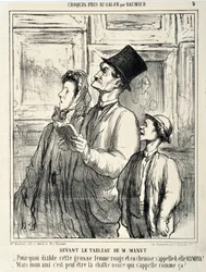 Værk af Honoré Daumier (1808-1879). Charivari fra 1865: Serie CRUQUIS PAUIT AU SALON. Foran et maleri af Manet: “Hvorfor i alverden kalder denne store røde kvinde i særk sig Olympia? - Men min ven, måske er det den sorte kats navn?” MUS