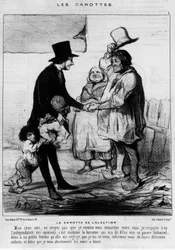 Kandidat til valgbesøg i en familie af bønder: "" Valgets gulerod"" - tegneserie af Daumier, i "" Charivari"" af 21/03/1844