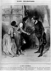 Kandidat til valgbesøg hos købmænd: "" Valgbesøget""" - tegneserie af Daumier, i "" Charivari"" af 08/04/1844