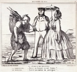 Tegnefilm om parisiske turister på ferie. Serie "" Axe Bains de Mer"": "" Rejefiskeriet..." Indgravering af Honore DAUMIER (1808-1879). Uddrag fra avisen "" Le Charivari"" den 5. september