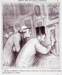 Tegnefilm om kunstelskere. Serie "" Skitse taget i salonen af Daumier": "" Eh! når vi ser på dette maleri, ender vi med at opdage kvalitet, vi ser at farven er god””. Gravering af Honore DAUMIER (1808-1879). Uddrag fra avisen "" Le Chari