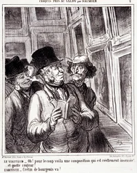 Tegnefilm om kunstelskere. Serie "" Skitse taget i salonen af Daumier "": "" Besøgende: Åh! for kuppet her er en virkelig sindssyg sammensætning (...). Kunstner: Bourgeois cretin, gå! "" Gravering af Honore DAUMIER (1808-1879). Uddrag fra avisen "" L