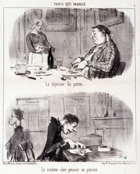 Tegnefilm om gastronomisk misbrug. Serie "" Paris qui mange"": Chefens morgenmad. Den sjette ekspedient tager sine ynkeligheder. Gravering af Honore DAUMIER (1808-1879). Uddrag fra avisen "" Le Charivari"" den 26. juni