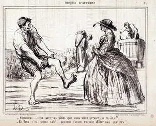 Tegnefilm om høstere, der tramper på barfodede druer. Serie “” Autumn Sketch””: “” Hvordan... skal du presse druerne med fødderne? ...” Stik af Honore DAUMIER (1808-1879). Uddrag fra avisen "" Le Charivari""