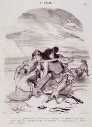 Tegnefilm om jægere. Serie "" Livets smukke dage - Jagten"": "" Jeg fortæller dig, at jeg fik ham til at forlade..."" Indgravering af Honore DAUMIER (1808-1879). Uddrag fra avisen "" Le Charivari"" den 10. januar