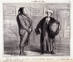 Tegnefilm om videnskab. Serie "" On the Comete of 1857"": "" Mossieu, jeg forlader din tjeneste..."" Gravering af Honore DAUMIER (1808-1879). Uddrag fra avisen "" Le Charivari"" den 13. marts