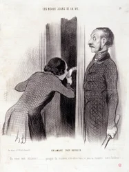 Tegnefilm om parret. Serien "" Livets smukke dage"": "" En elsker for glad..." Indgravering af Honore DAUMIER (1808-1879). Uddrag fra avisen "" Le Charivari"" den 1. september