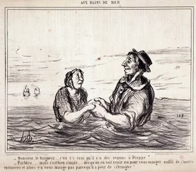 Tegnefilm om turister på ferie. Serie “” aux Bains de Mer””: “” Monsieur le bathneur... er det rigtigt, at der er hajer i Dieppe?...” Indgravering af Honore DAUMIER (1808-1879). Uddrag fra avisen "" Le Charivari"" den 8. juni