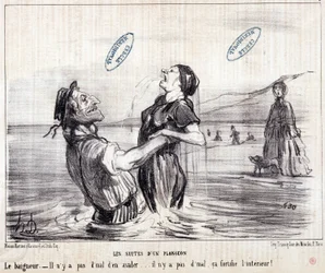 Tegneserie om turister på ferie. Serien "Les Bains de Mer": "Aquatic skitse. Sekvenser af et dyk". Gravering af Honore DAUMIER (1808-1879). Uddrag fra avisen "Le Charivari" i 1853. Dim: 24x28cm. Inv 2453 - kasse 12 N¡1. Marseille, M