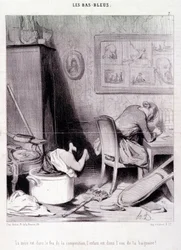 Tegnefilm om kvindelige forfattere. Serie "" Bas Bleus"": "" Moderen er i kompositionens ild, barnet er i badets vand! "" Gravering af Honore DAUMIER (1808-1879). Uddrag fra avisen "" Le Charivari"" den 20. februar