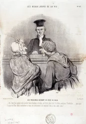 Tegneserie om naboskabsforhold: Serie "" Livets smukke dage"": "" Naboer før fredens retfærdighed..."" Indgravering af Honore DAUMIER (1808-1879). Uddrag fra avisen "" Le Charivari"" den 15. maj