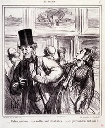 Tegneserie om kunstelskere: Serie "" Au salon"": Lad os forlade frue... disse nøgengængere er revoltanter... Jeg vender tilbage helt alene"" Gravering af Honore DAUMIER (1808-1879). Uddrag fra avisen "" Le Charivari"" den 5. maj
