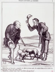 Tegneserie om jægerne: Serie "" Autumn Sketch"": "" Sir, givet det fuldstændige fravær af vildt, giv mig venligst tilladelse til at skyde din hund..."" Gravering af Honore DAUMIER (1808-1879). Uddrag fra avisen "" Le Charivari"" den 28. september