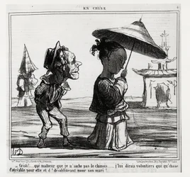 Christi! Jeg ved ikke, hvordan man taler kinesisk... Jeg vil med glæde fortælle hende, at noget behageligt for hende og uforpligtende for hendes mand!... I serie En Chine, illustration af Honore Daumier (1808-1879), udgivet i "" Charivari””, dateret 12. ja