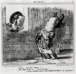 Christi, den smukke kvinde! ; "" Åh! Gud, jeg... Den smukke mand!” (Denne sidste sætning er oversat fra kinesisk af Lassagne.), i serien En Chine, illustration af Honore Daumier (1808-1879), udgivet i "Charivari"