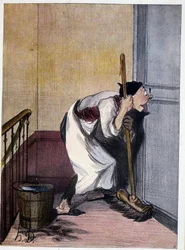 Concierge kigger gennem et nøglehul - tegning af Daumier, n.d. 19.