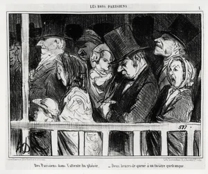Gode parisere: Parisere venter på fornøjelse, to timer i kø foran et eller andet teater. Illustration af Honoré Daumier (1808-1879), udgivet i "Le Charivari", dateret 5. marts