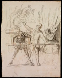 La Parade - The Side-Show - Daumier, Honore (1808-1879) - 1865 - Sort kridt, akvarel på papir - 39,8x30,4 - Szepmuveszeti Muzeum, Budapest