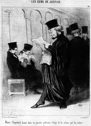 Maitre Chapotter læser i et retstidsskrift ros af sig selv, hentet fra "Gens de Justice", serie af tegnefilm om retfærdighed af Honore Daumier (1808-1879). “Charivari”