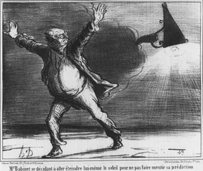Monsieur Babient besluttede selv at gå hen og slukke for solen for ikke at få sin forudsigelse til at lyve, karikatur om Honore Daumiers komet fra 1857 (1808-1879).
