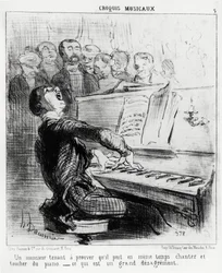 Musikalske sketcher: en herre, der gerne vil bevise, at han samtidig kan synge og røre ved klaveret, hvilket er meget skændt. Illustration af Honore Daumier (1808-1879), udgivet i "" Charivari"", dato 17. februar 1852.