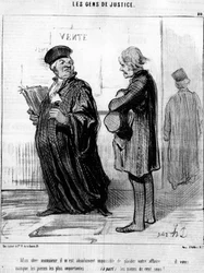 Min kære sir, det er absolut umuligt for mig at glæde din virksomhed... du savner de vigtigste brikker... (bortset fra) mønterne!... , fra "Gens de Justice", serie af tegnefilm om Justice af Ære Daumier (1808-1879). “Charivari”