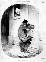 Bestået midnat. mand, der vender for sent tilbage til lejeren, fra "" Tenants et Owners"", tegneserieserie af Honore Daumier (1808-1879). “Charivari”