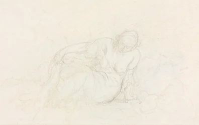 Tilbagelænet kvinde læner sig på armen på bagsiden, 185560.