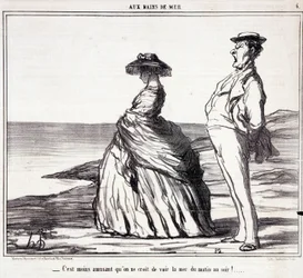 Serie “” Les Bains de Mer””: “” Det er mindre sjovt, end du tror, at se havet fra morgen til aften! "" Tegnefilm om turister på ferie. Gravering af Honore DAUMIER (1808-1879). Uddrag fra avisen "" Le Charivari"" 9. september