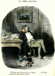 Socialistiske kvinder Anti-feministisk tegneserie, der viser en mand, der venter med sit barn på, at hans kone er forsvundet i to dage. Litografi af Honore Daumier (1808-1879) Privatsamling fra det 19. århundrede