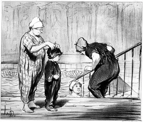 Svømmebassin: illustration fra "" Summer sketch"" serie af tegnefilm om svømning og det fire-pennede bad af Honore Daumier (1808-1879). "Charivari", omkring 1850.