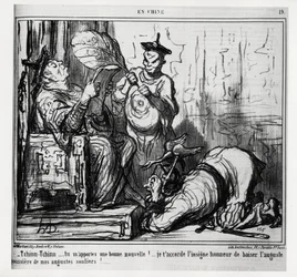 Tjin, tjin... De bringer mig gode nyheder! Jeg skænker Dem den store ære at kysse det ophøjede støv på mine ophøjede sko. Fra serien I Kina, illustration af Honoré Daumier (1808-1879), udgivet i Le Charivari, dateret 7. december