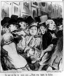 Showets publikum. En dag betaler du ikke. Femogtyve graders varme, taget fra "" Paintings and Salons", tegneserieserie af Honore Daumier (1808-1879). “Charivari”