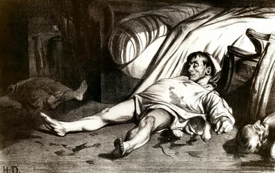 Massakren i Rue Transnonain den 14/04/1834: militæret massakrerer beboerne i bygningen på Rue Transnonain 12 i Paris og generobrer den efter en af deres officerers død - Litografi af Honoré Daumier (1808-1879), 1837. Privat samling