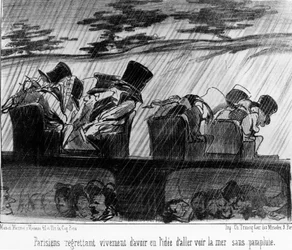 Fornøjelsestog: rejsende i regnen - af Daumier, i "" Charivari"" af 28/08/1852.