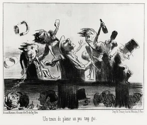 Et tog af fornøjelse lidt for homoseksuel, i serien Les Chemins de fer, illustration af Honore Daumier (1808-1879), udgivet i "Charivari", dateret 20. august 1852.